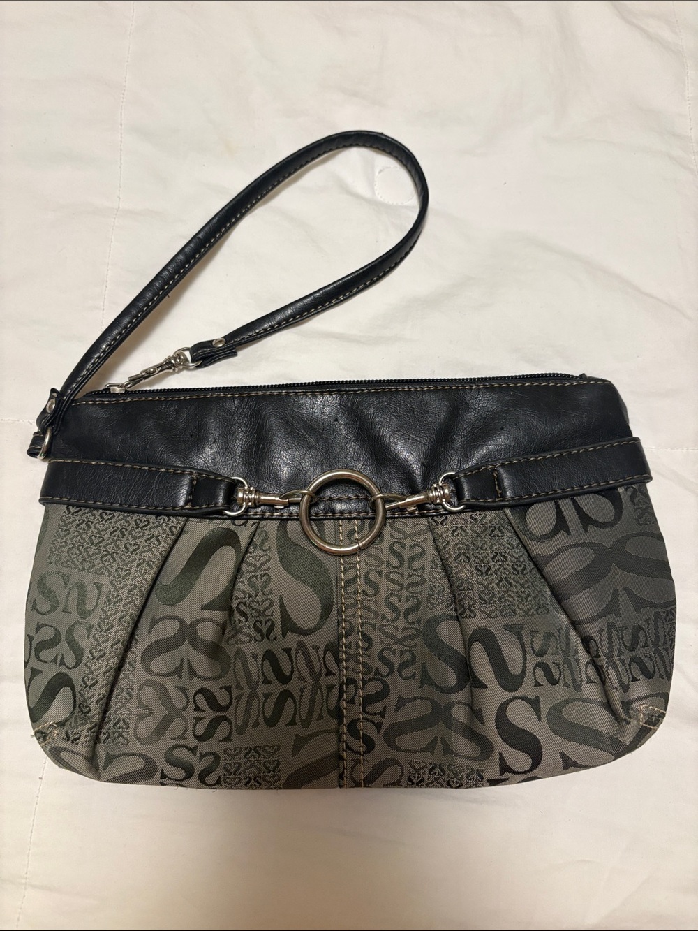 Mini Wristlet Clutch Grey And Black Zipped Canvas And Faux Leather 6”X 10”